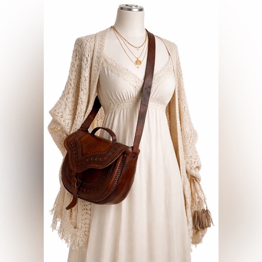Handmade Brown Tooled Leather Crossbody Saddle Bag Made in Mexico NEW - Picture 4 of 14